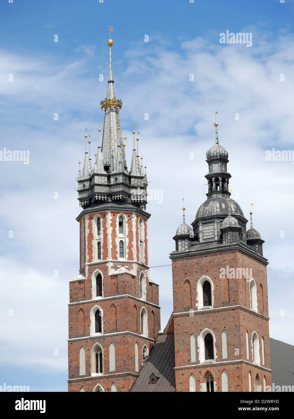 Closeup of St Mary's church twin towers, gothic basilica in Krakow, Poland Stock Photo