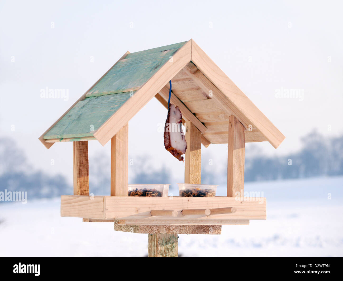 Wooden bird feeder with seed mix and lard affixed on a pole Stock Photo