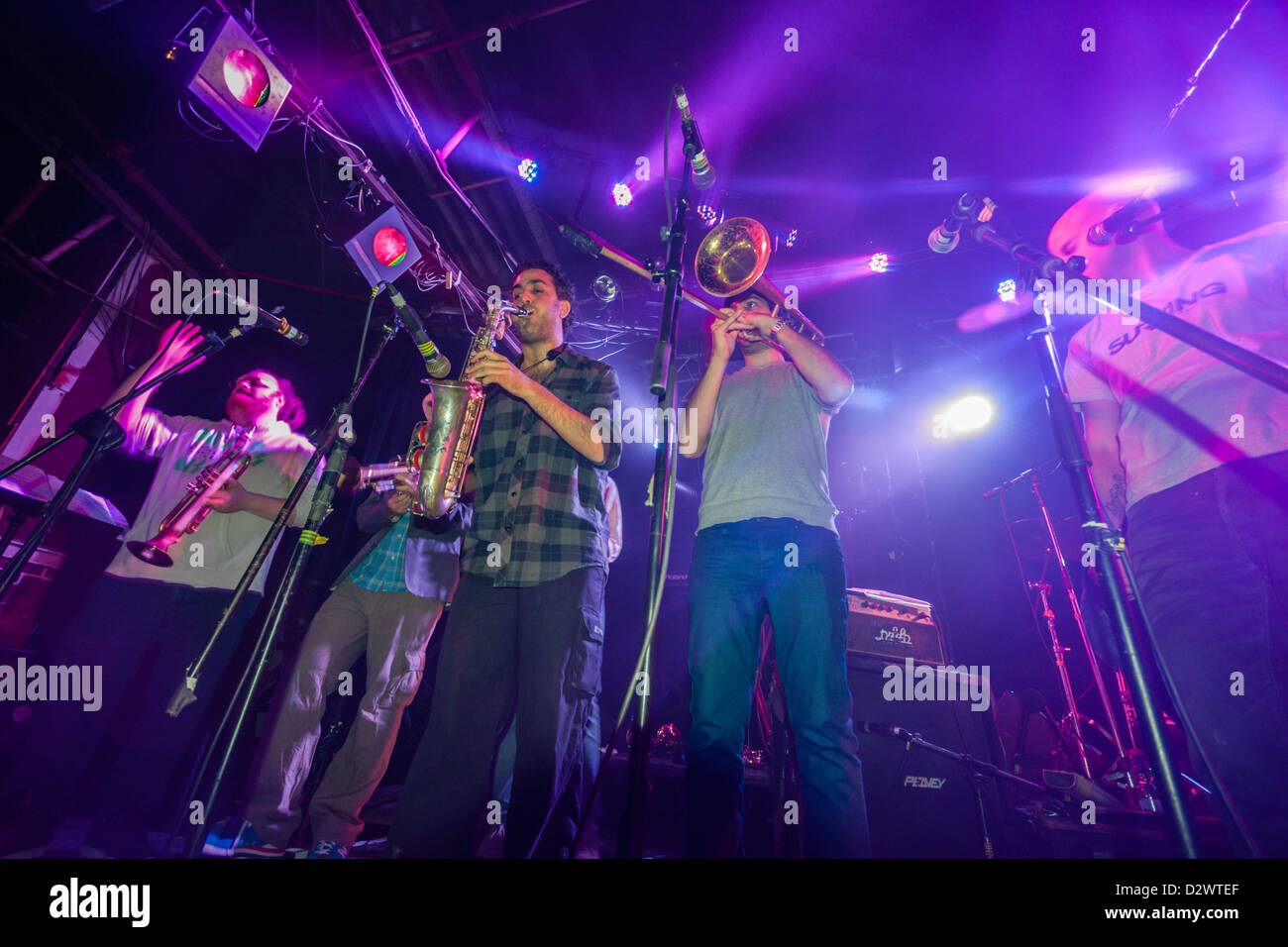 Tel Aviv, Israel. Members of Israeli Brass band "Marsh Dondurma", playing ethnic and jazz music
