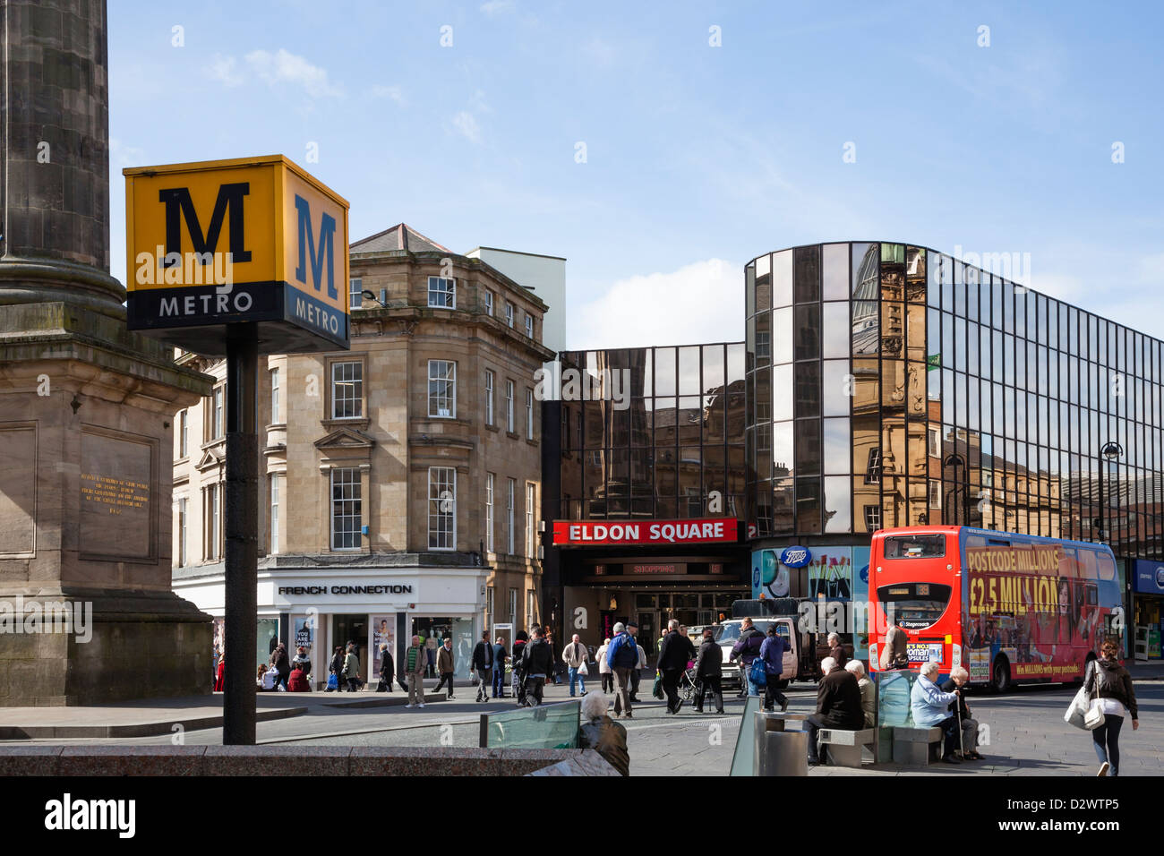 Views and shops around the busy Monument Square, Newcastle upon Tyne