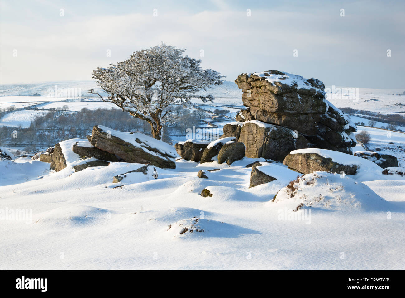 Snow cover on Holwell Tor on Dartmoor, Devon Stock Photo