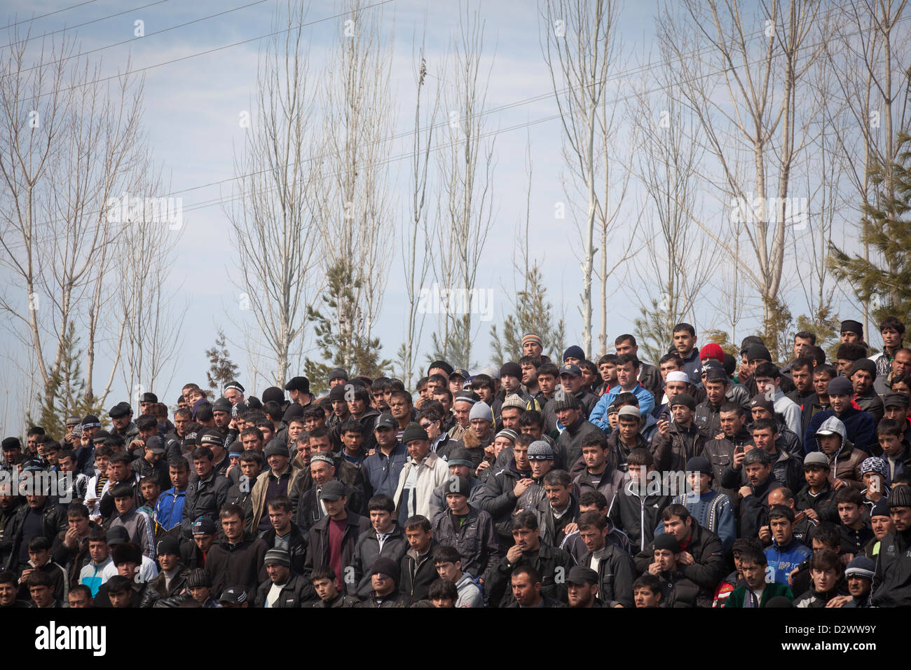 A crowd of Tajik men watching a buzkashi match in Hisor, Tajikistan Stock Photo