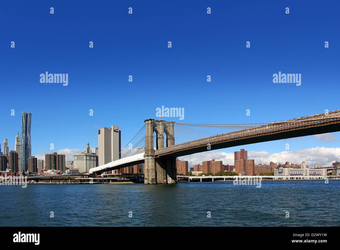 View from East River of the Brooklyn Bridge and skyline in New York ...