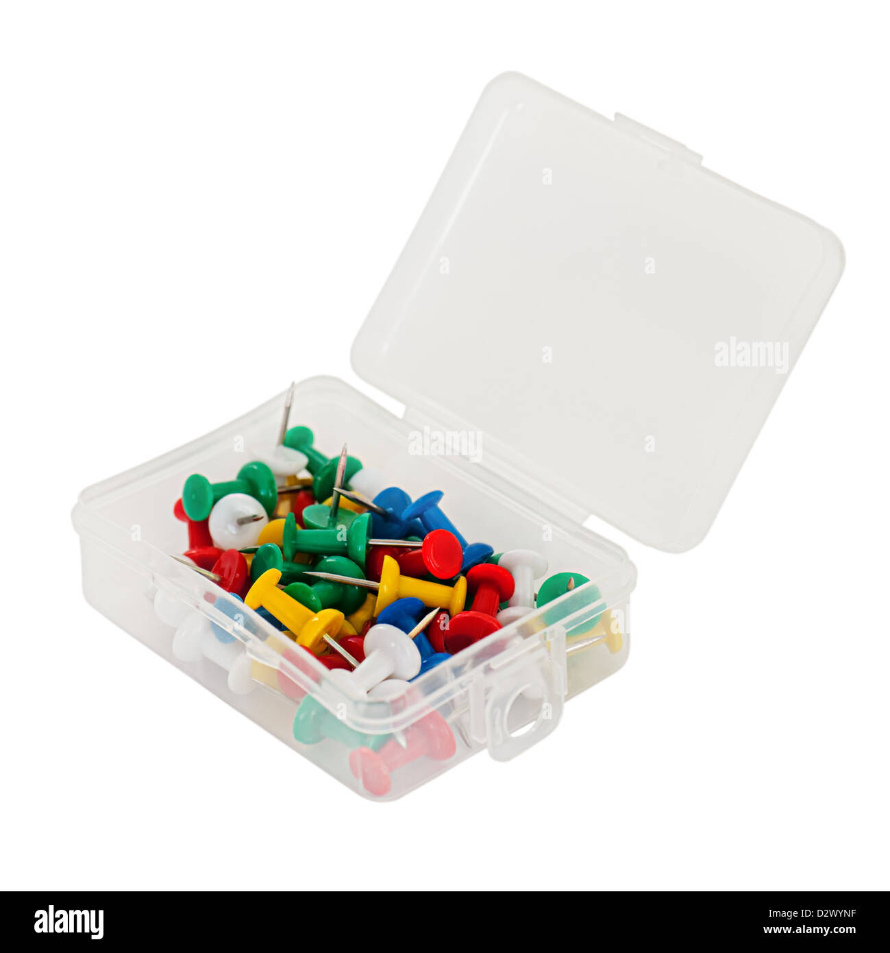 transparent plastic box with thumbtacks isolated on white background Stock Photo