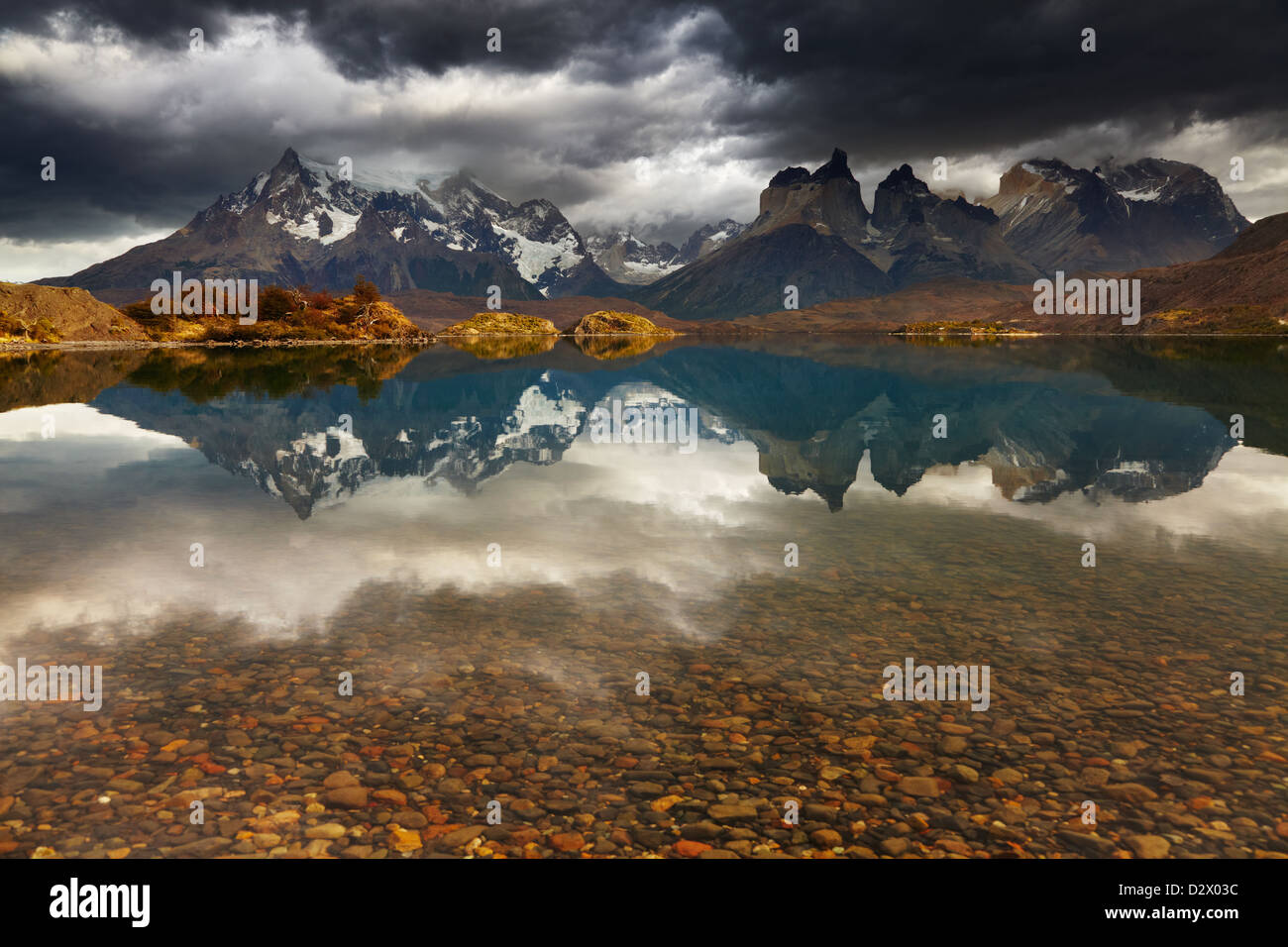 Sunrise in Torres del Paine National Park, Lake Pehoe and Cuernos mountains, Patagonia, Chile Stock Photo