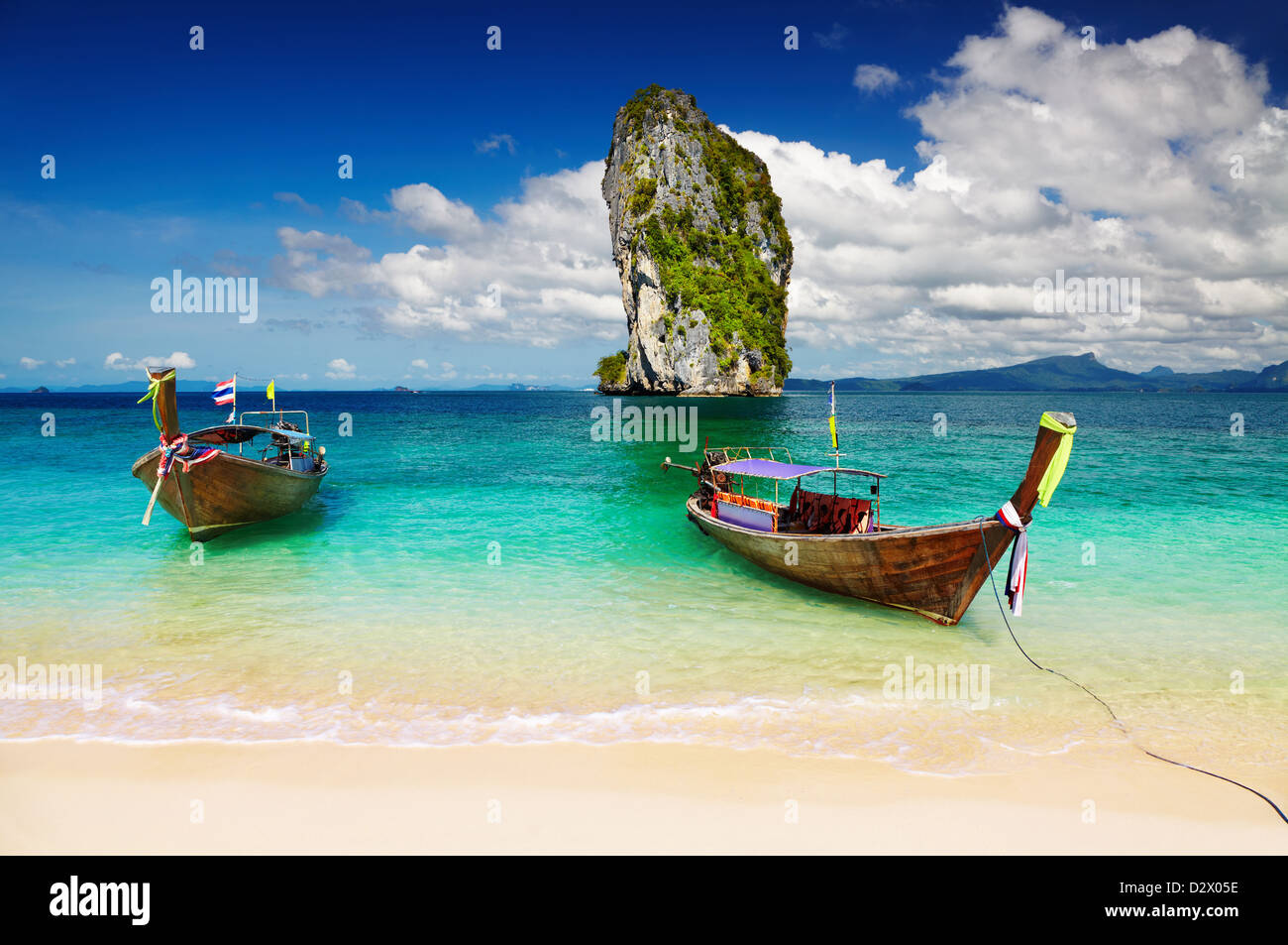 Long tail boats, Tropical beach, Andaman Sea, Thailand Stock Photo