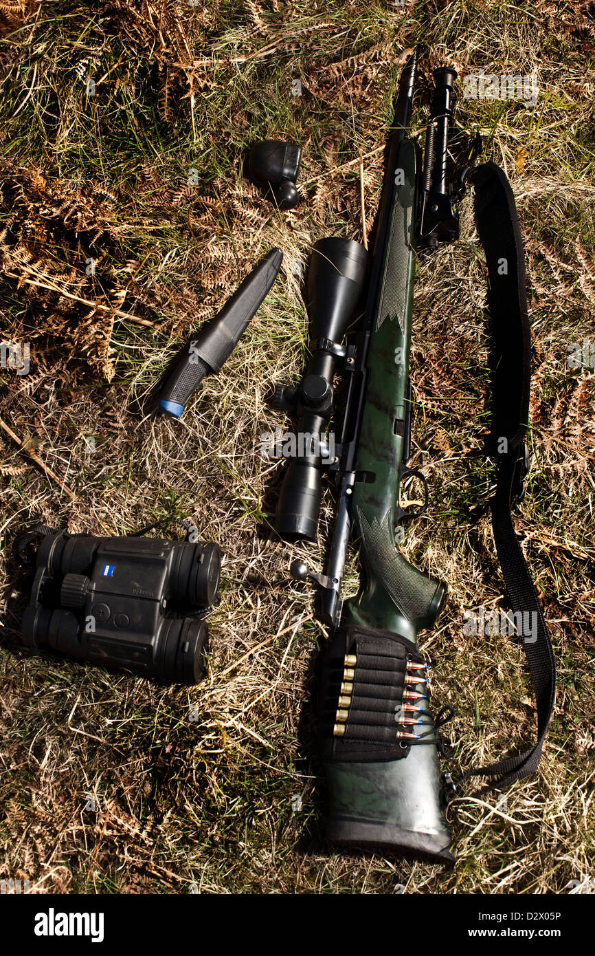 Deer hunting equipment on grass in Thetford forest, UK Stock Photo