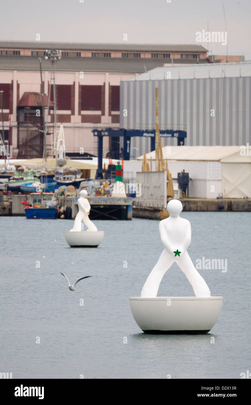 White buoy shaped like a man in Port Vell, Barcelona Stock Photo