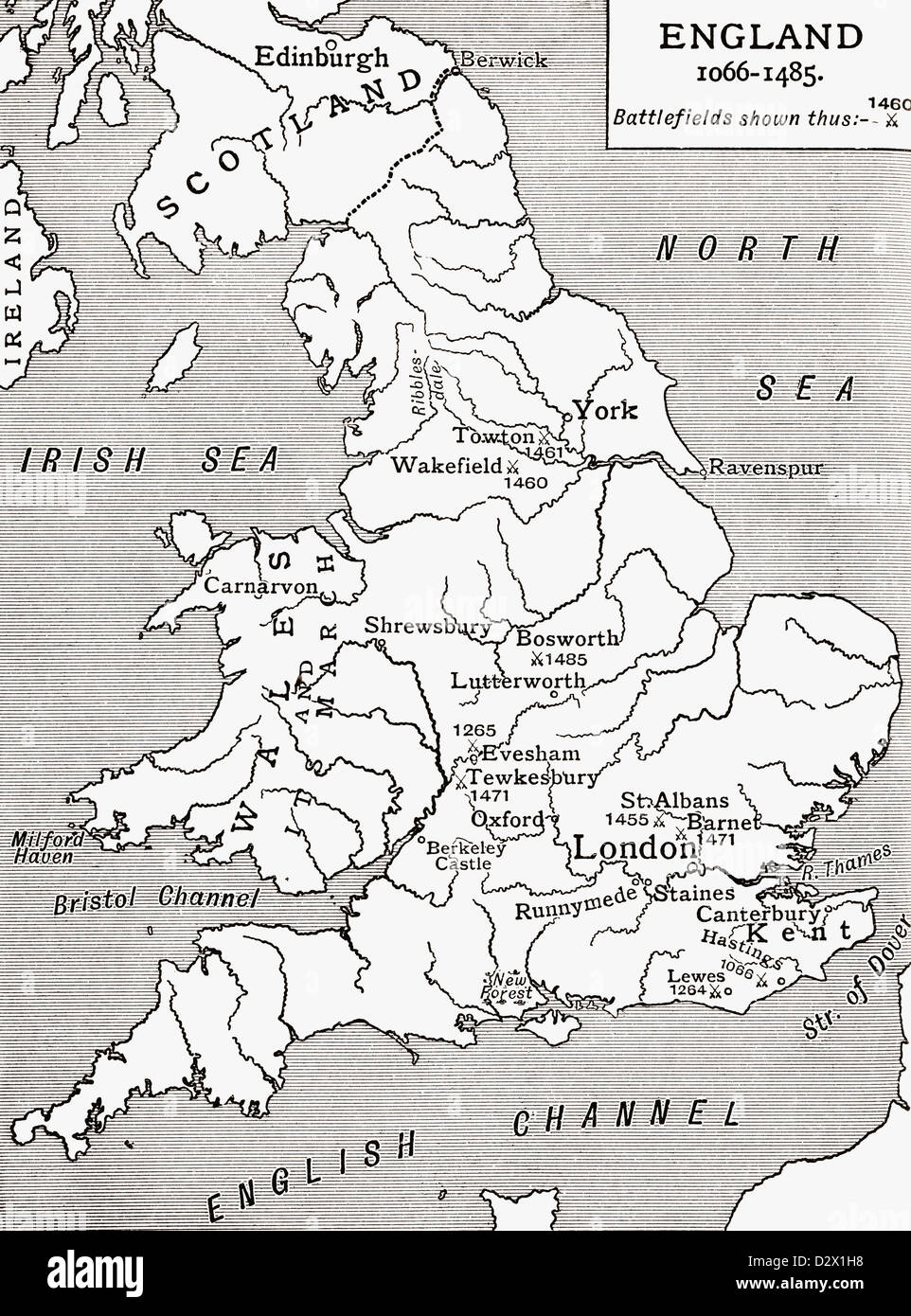 A map of England 1066 - 1485, battlefields marked with crossed swords. From A First Book of British History published 1925. Stock Photo