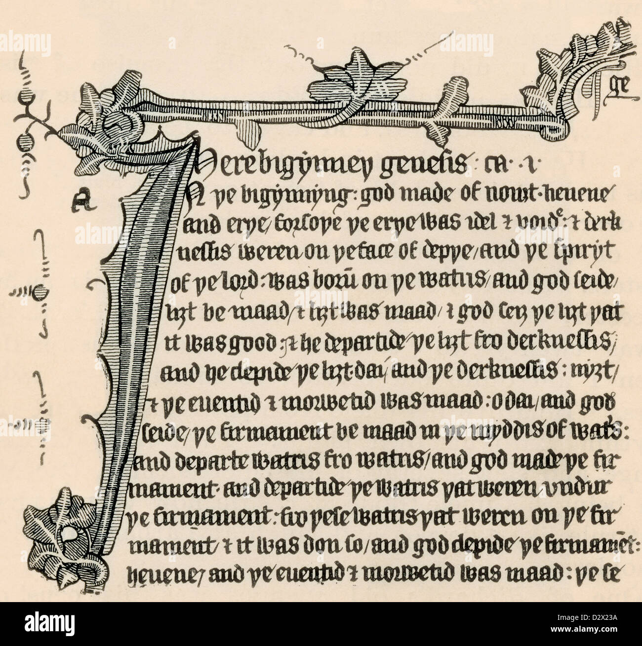 Portion of a page from the Manuscript of Wycliffe's Bible. John Wycliffe, also spelled Wyclif, Wycliff, Wiclef, Wicliffe, Wickliffe; 1320 – 1384. English scholastic philosopher, theologian, Biblical translator, reformer, and seminary professor at Oxford.  From A First Book of British History published 1925. Stock Photo