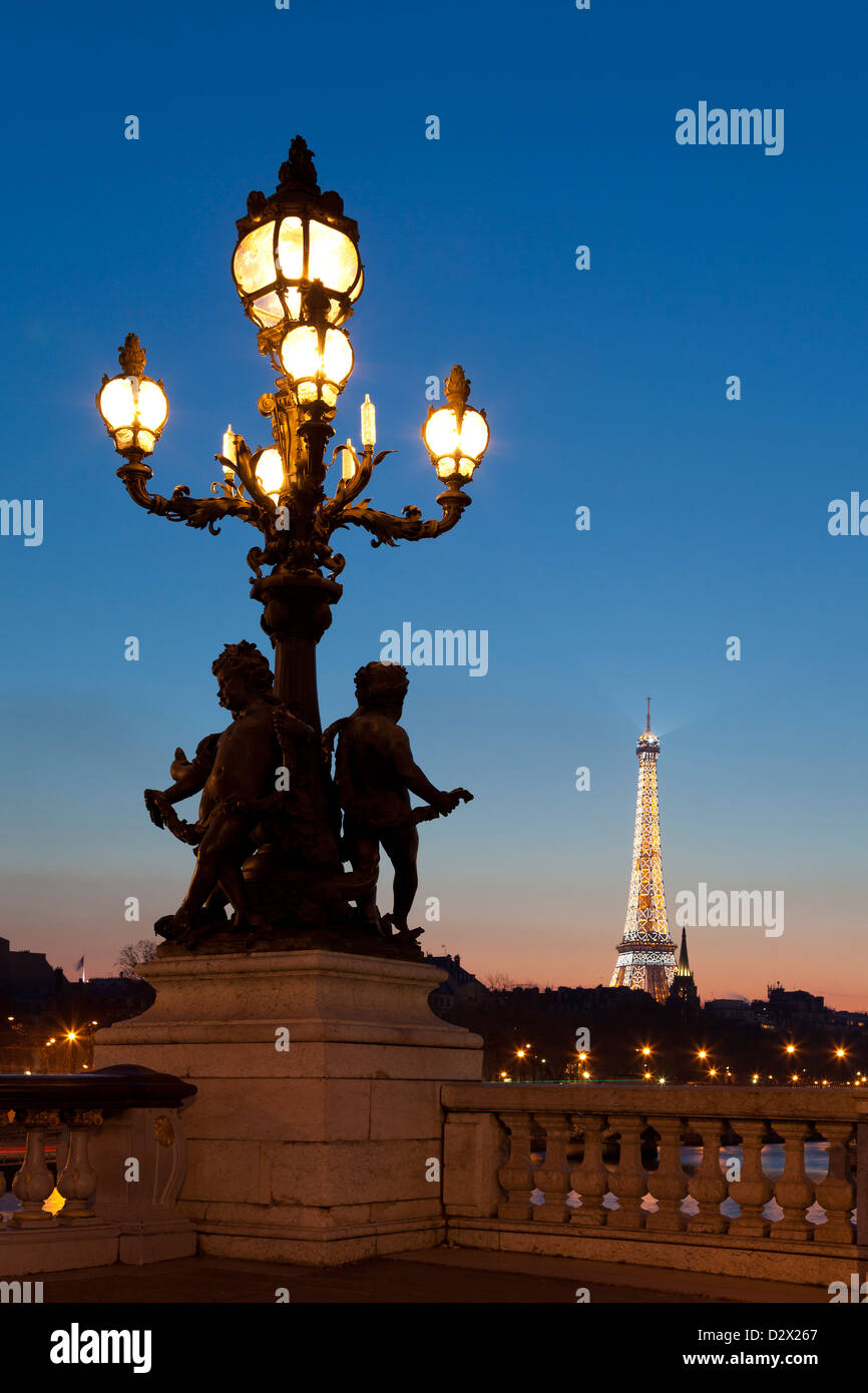 Streetlamp in the bridge Alexander III and Tour Eiffel, Paris, Ile de France, France Stock Photo
