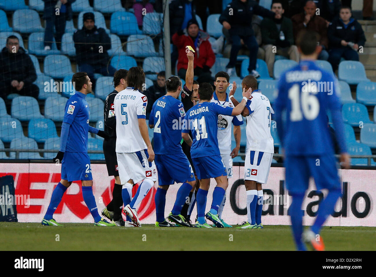 02.02.2013. Madrid, Spain.   La Liga football match played  between Getafe C.F. versus   R.C. Deportivo de la Courna (3-1) at Alfonso Perez stadium. The picture shows as Abel Aguilar receives a red card and is sent off. Stock Photo