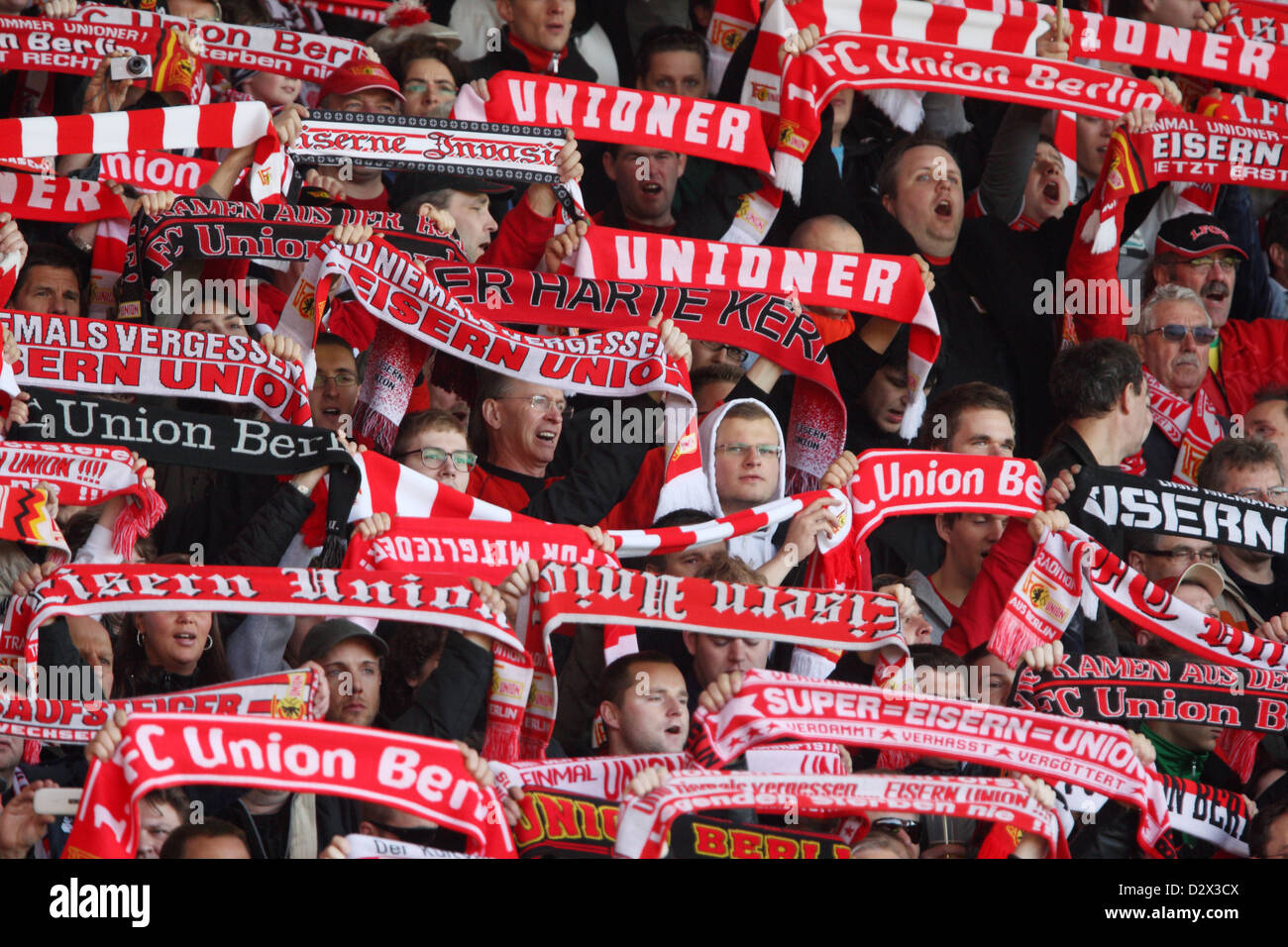 Berlin, Germany, fans of the 1st FC Union Berlin at the Zuschauertribuene Stock Photo