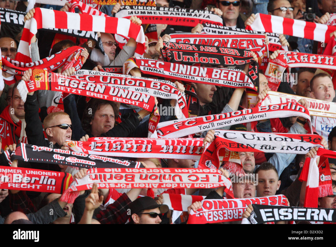 Berlin, Germany, fans of the 1st FC Union Berlin at the Zuschauertribuene Stock Photo