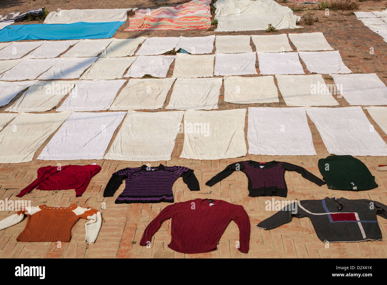 washing laid out to dry, Varanasi, India Stock Photo Alamy