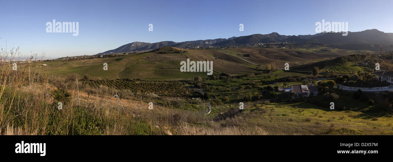 Looking south towards Alhaurin de la Torre and the Sierra de Mijas. Mijas mountains Andalucia Spain. Four image stitch Stock Photo