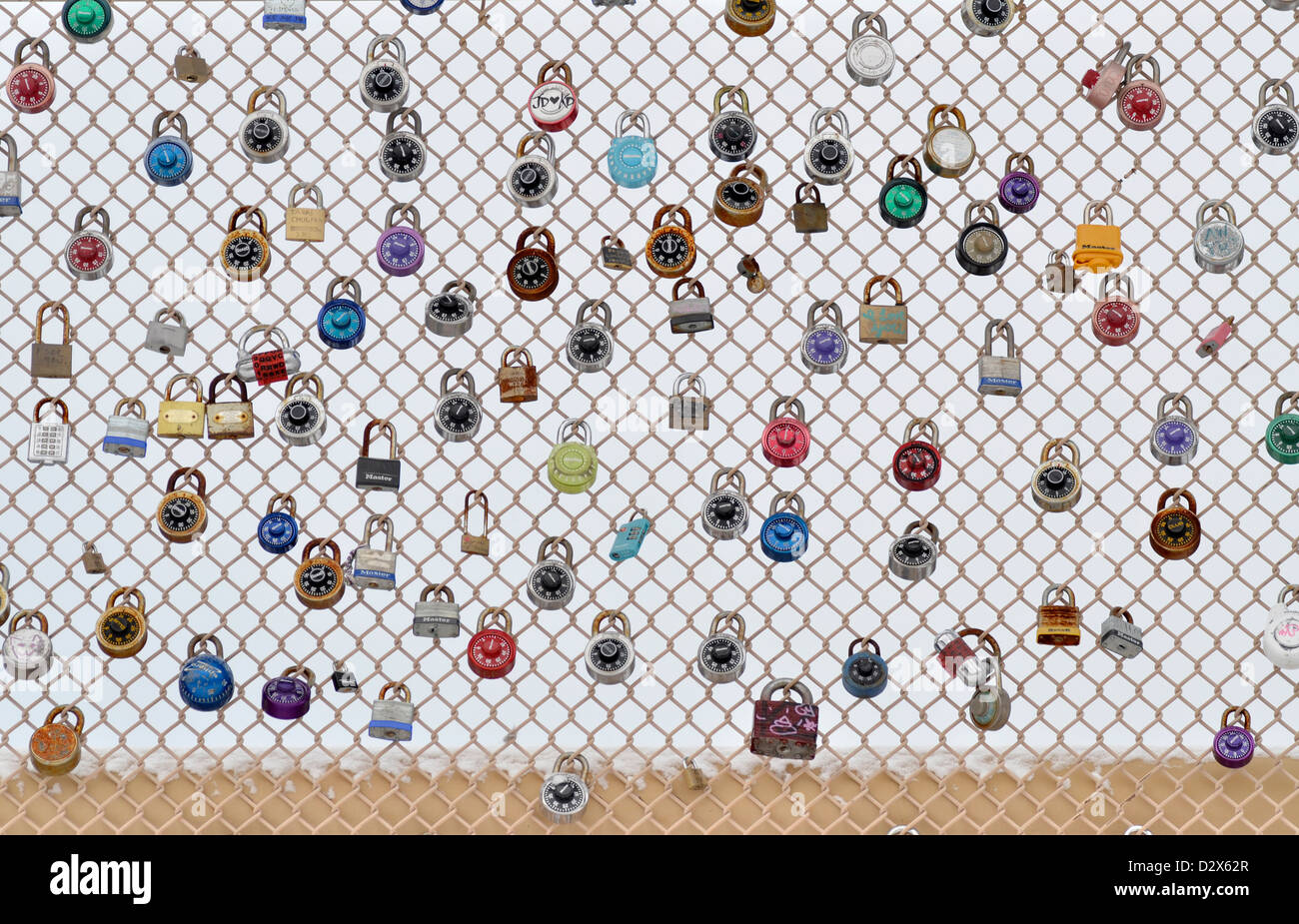 Love locks on bridge fencing in Pittsburgh, Pennsylvania Stock Photo