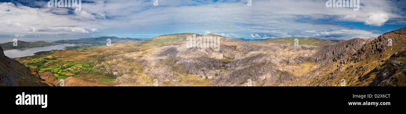 Panoramic view over Bantry Bay and Bere Island from Hungry Hill, Beara Peninsula, County Cork, Ireland Stock Photo
