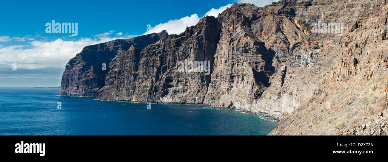 The huge cliffs at Los Gigantes,Tenerife, Canary Islands, which are formed of numerous mafic lava flows cut by mafic dykes, Stock Photo