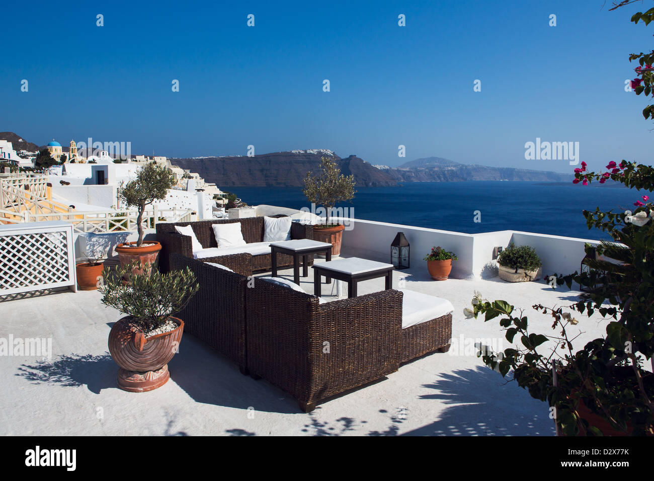 Room setting on the roof of a house in Oia Santorini, Greece. Stock Photo