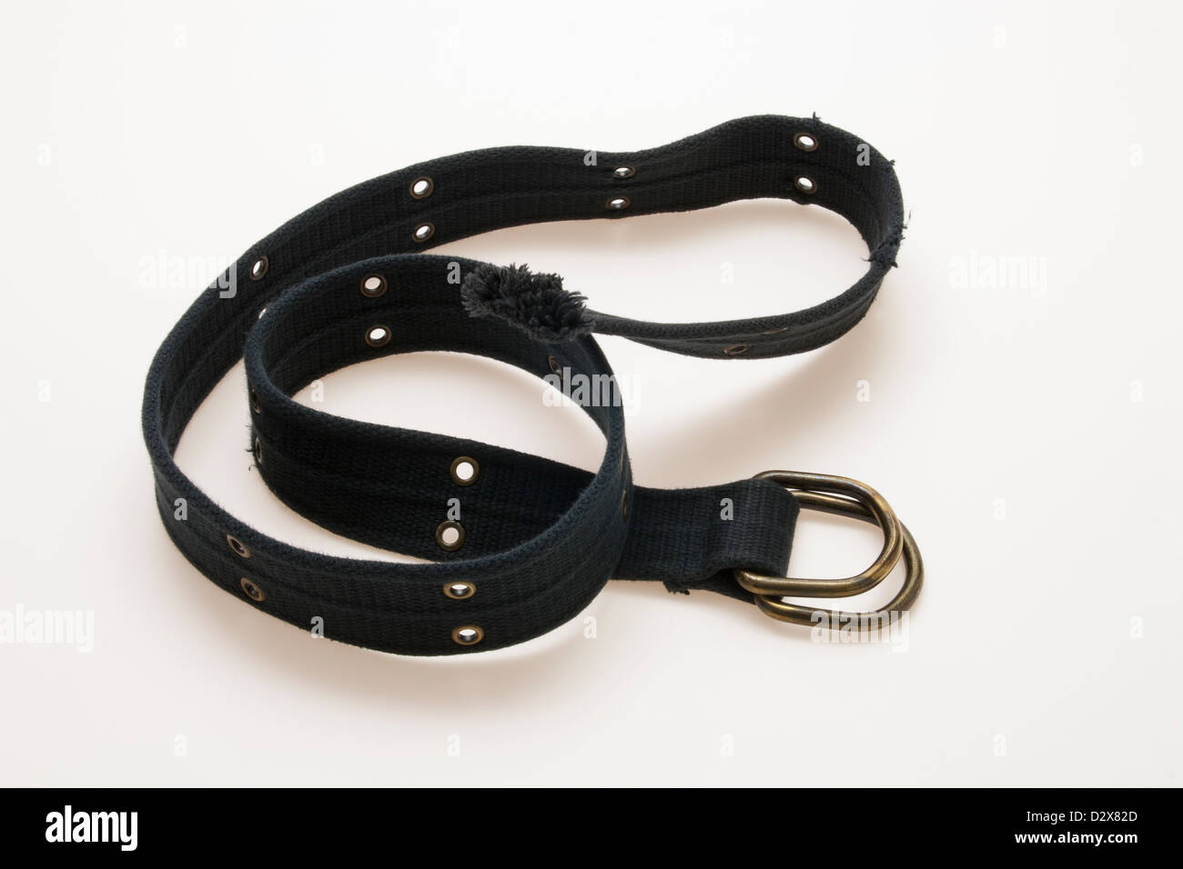 Dark blue, textile belt with metal holes and two metal buckles Stock