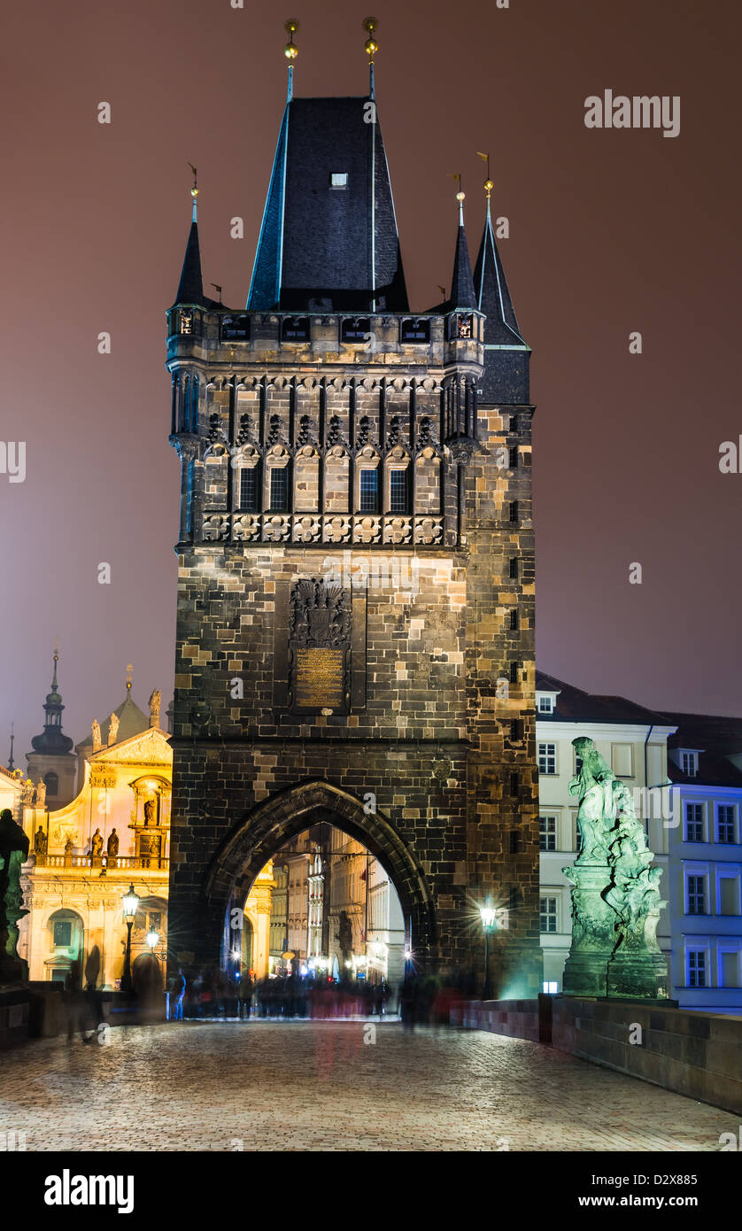 Stare Mesto Tower, was built in 14th century, fitting ornament to the new Charles Bridge (Karluv Most). Prague, Czech Republic Stock Photo