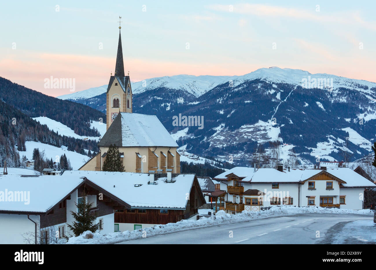 Mountain winter sunrise country landscape (Kartitsch village in district of Lienz in Osttyrol in Austria) Stock Photo