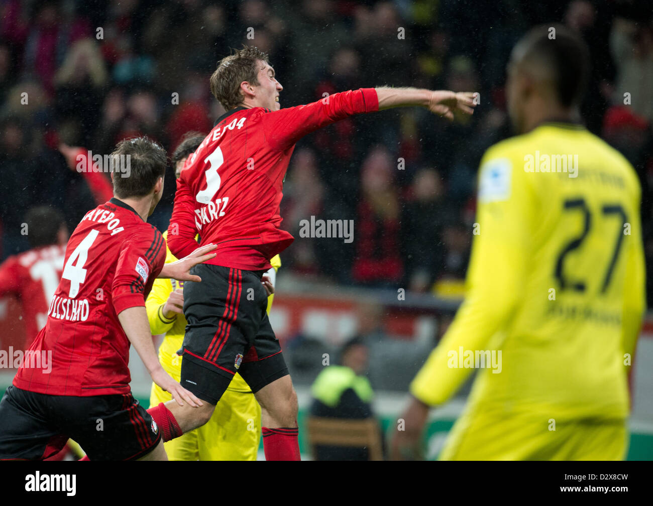 03.02.2013. Leverkusen, Germany. Leverkusen's Stefan Reinartz (C) celebrates his 22 goal during