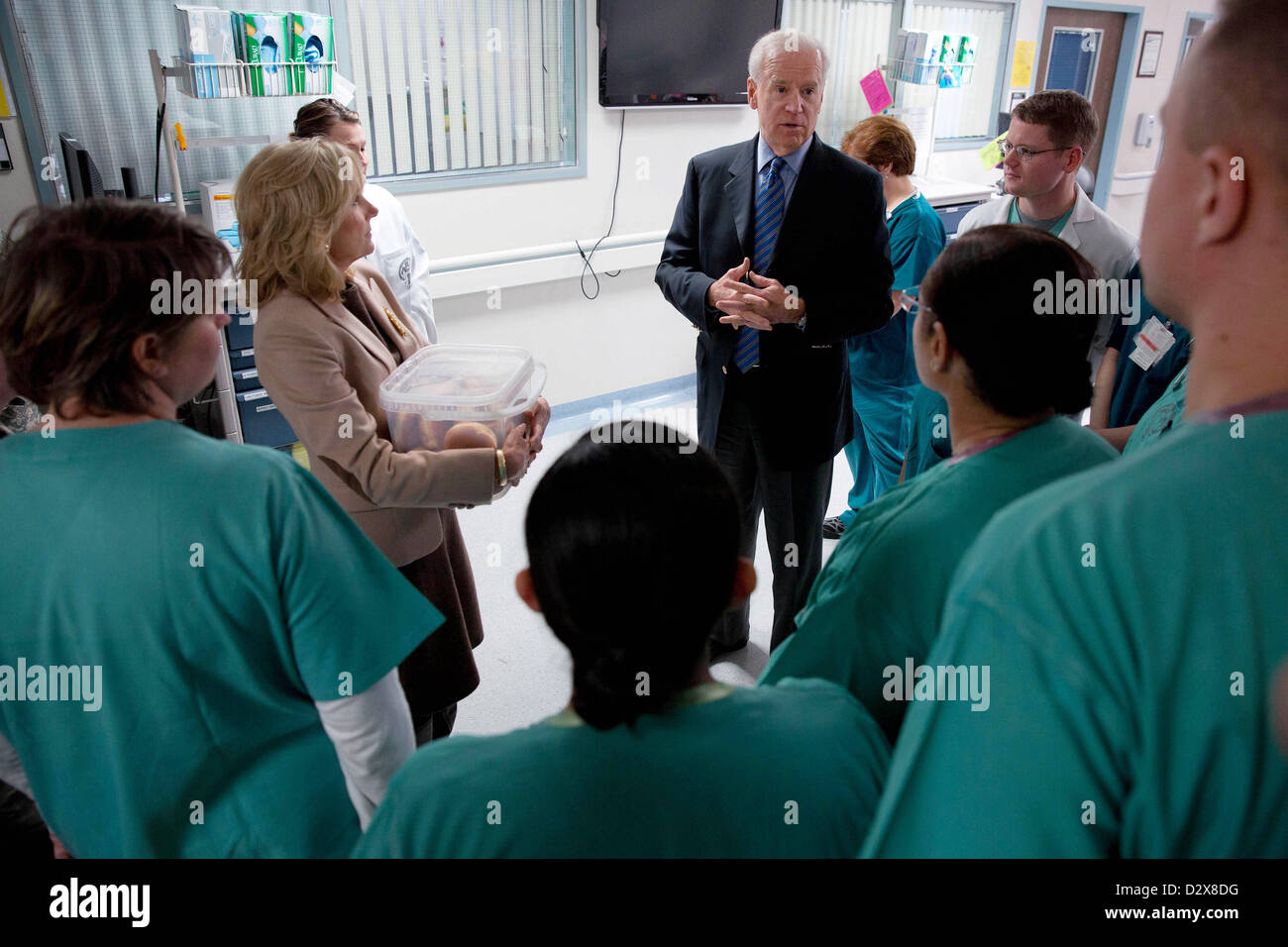 US Vice President Joe Biden and Dr. Jill Biden talk with medical staff during a visit to Landstuhl Regional Medical Center February 3, 2013 in Landstuhl, Germany. Stock Photo
