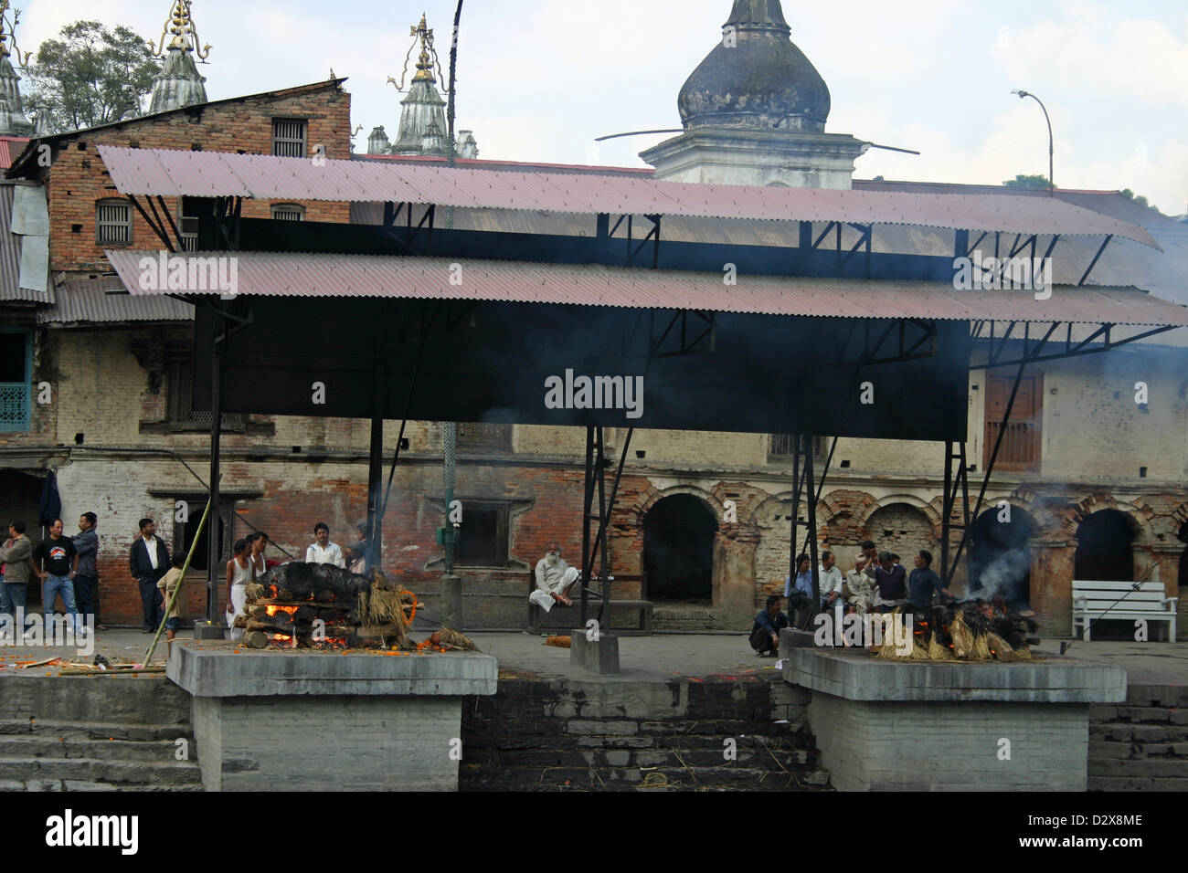 Funeral Pyres on the Bagmati River which is a river of Nepal. It flows