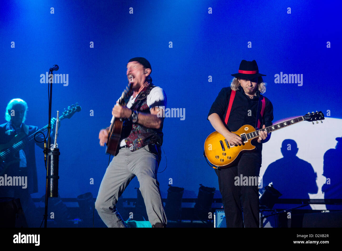 Flutist and singer Ian Anderson, of Jethro Tull fame, with his guitarist Florian Ophale and Bassist David Goodier, Live 2012 Stock Photo