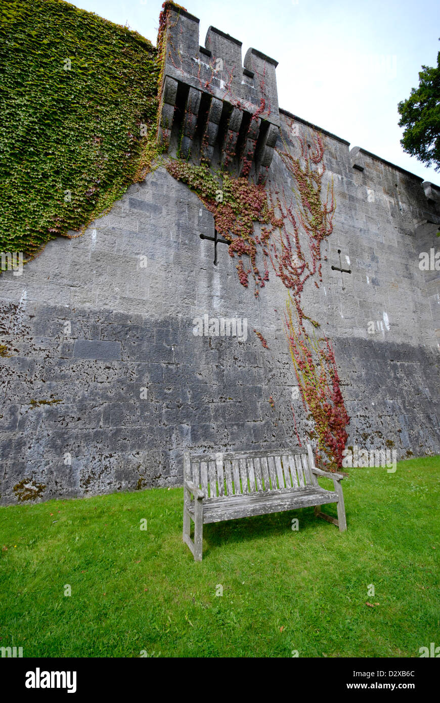 Ivy creeping up a stone wall with old bench in the foreground Stock Photo