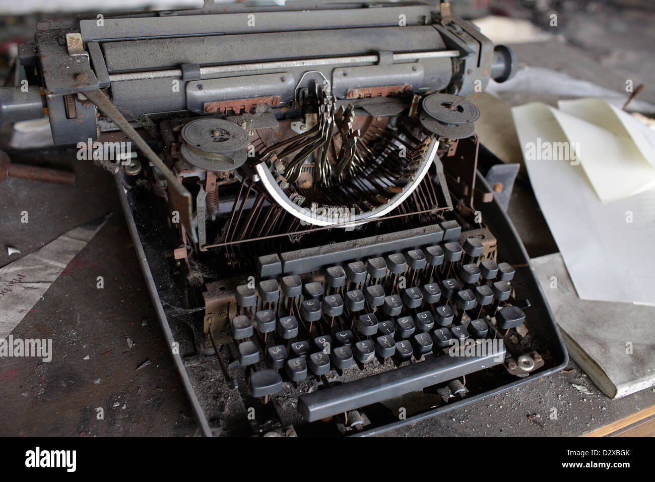 Berlin, Germany, Zzerstoerte typewriter with Arabic characters Stock Photo