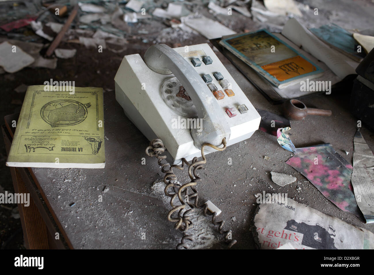 Berlin, Germany, devastated desk with an old telephone Stock Photo