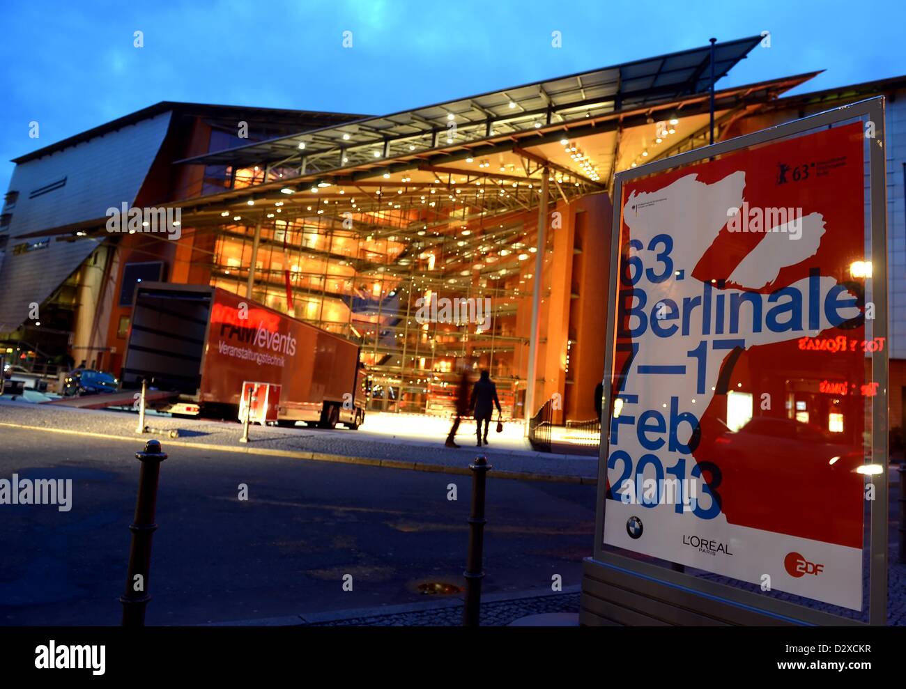 Illuminated placards advertise the 63rd Berlin Film Fetsival in Berlin, Germany, 03 February 2013.  Tickets go on sale for the Berlinale film festival on 04 February 2013. Photo: BRITTA PEDERSEN Stock Photo