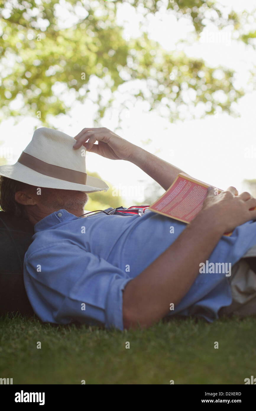 Man napping in grass with book and hat covering face Stock Photo