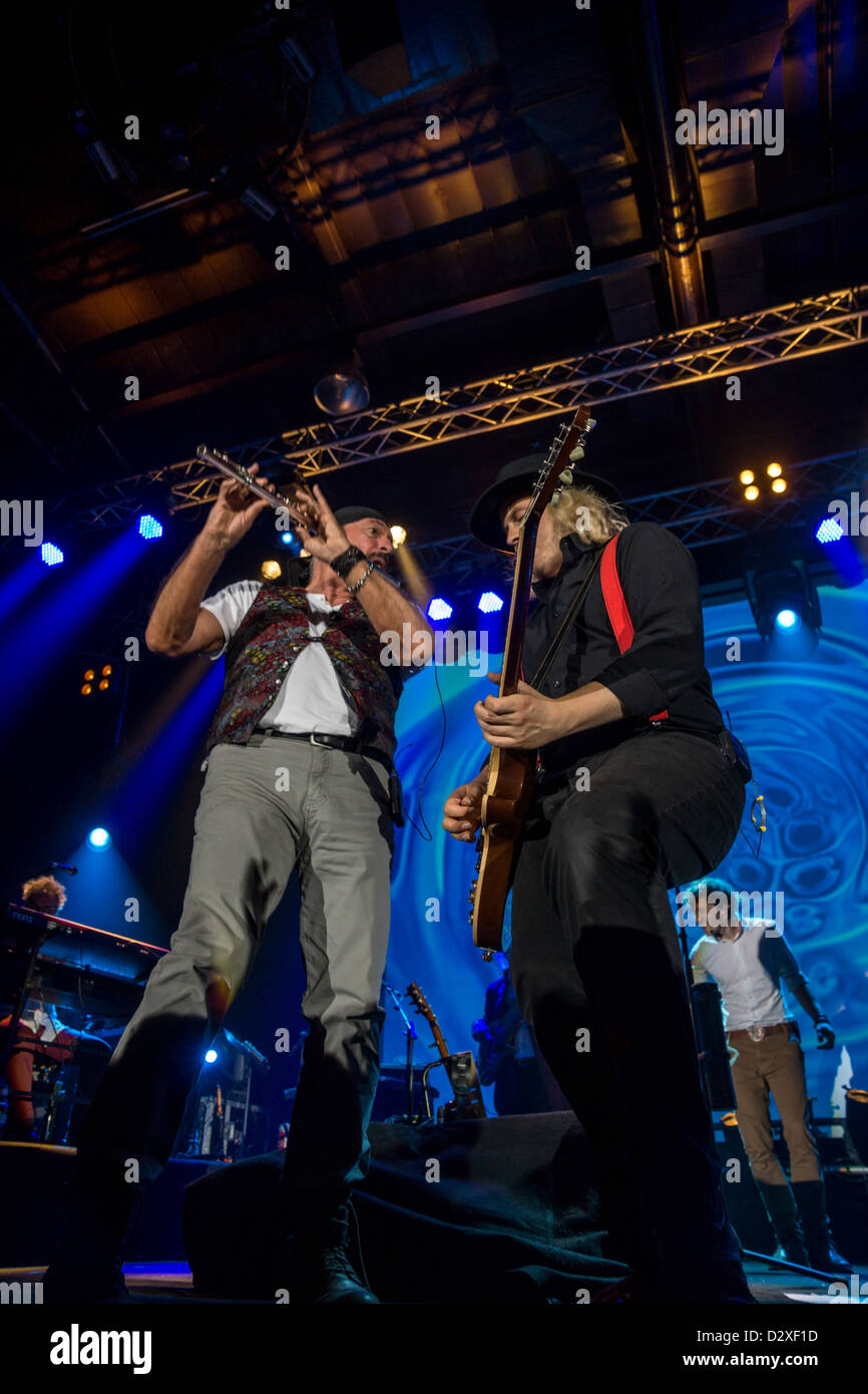 Flutist and singer Ian Anderson, of Jethro Tull fame, with his band