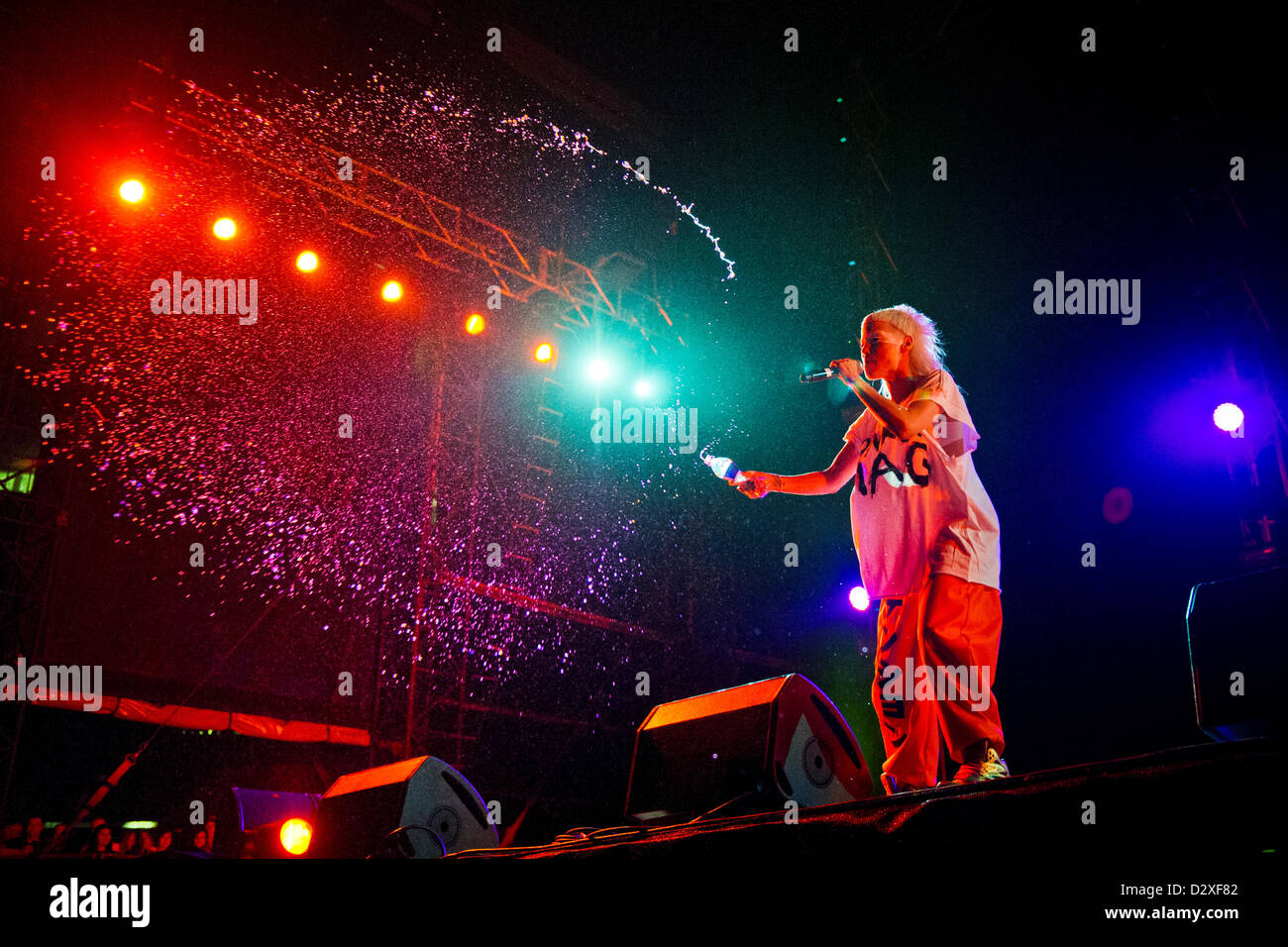 SOWETO, SOUTH AFRICA: Die Antwoord perform live on February 2, 2013 at the FNB Stadium in Soweto, South Africa. They were opening for Red Hot Chili Peppers. Red Hot Chili Peppers will be performing in Cape Town on February 5, 2013. (Photo by Gallo Images / Cornel van Heerden) Stock Photo