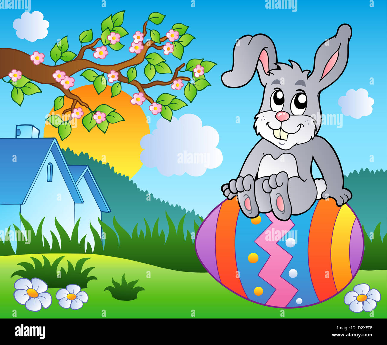 Meadow with bunny on Easter egg - color illustration Stock Photo - Alamy