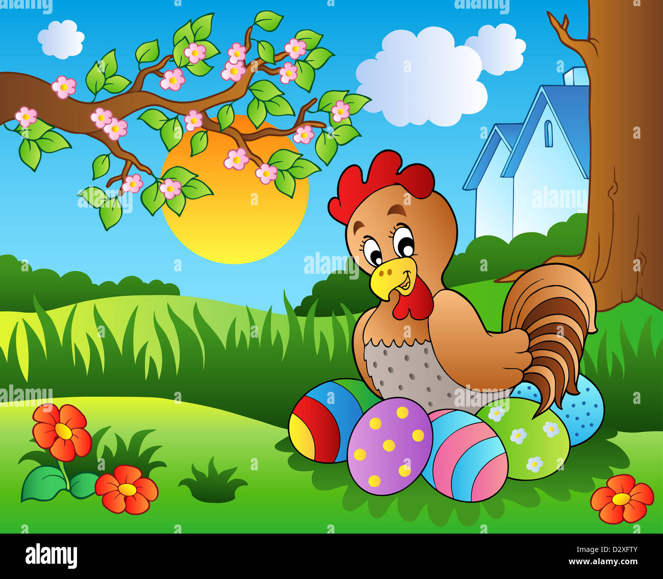 Meadow with hen and Easter eggs - color illustration Stock Photo - Alamy
