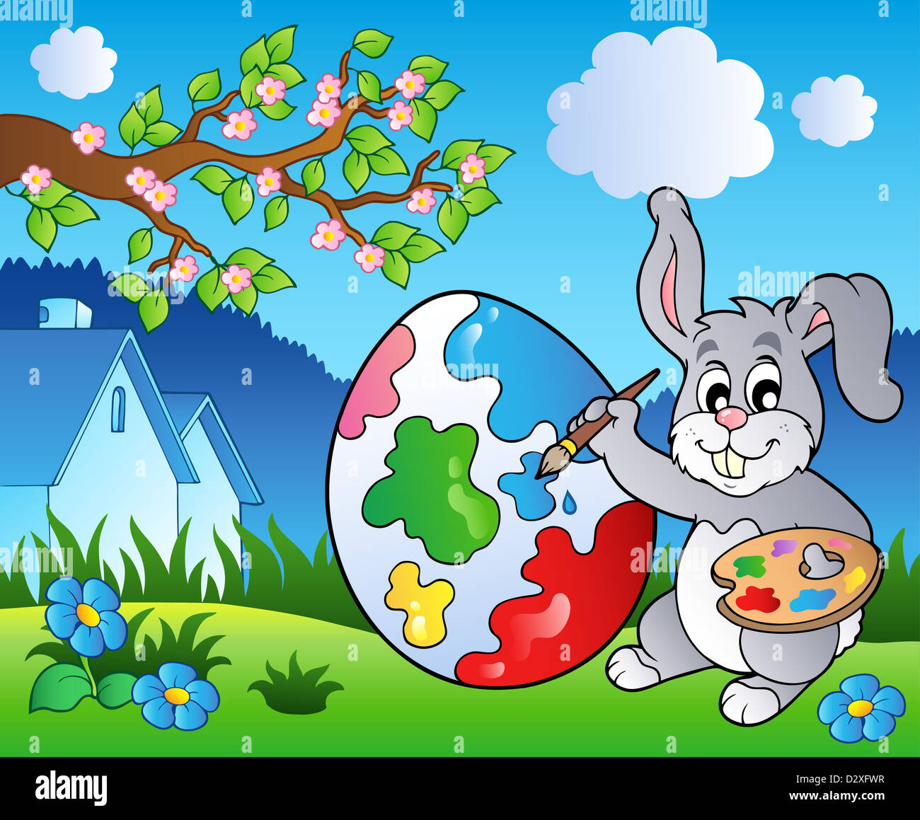 Spring meadow with bunny artist - color illustration Stock Photo - Alamy