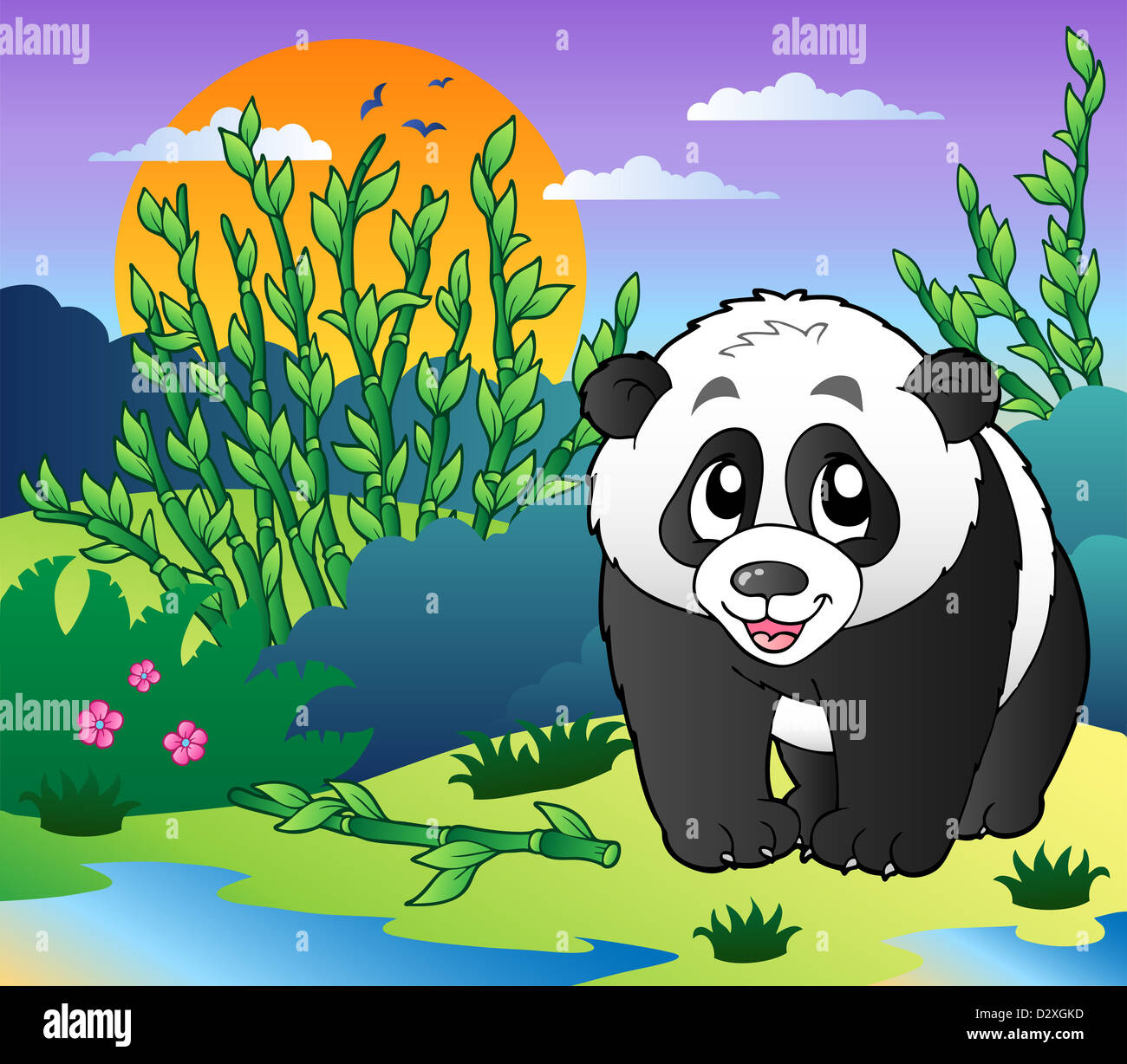 Cute small panda in bamboo forest - color illustration Stock Photo - Alamy