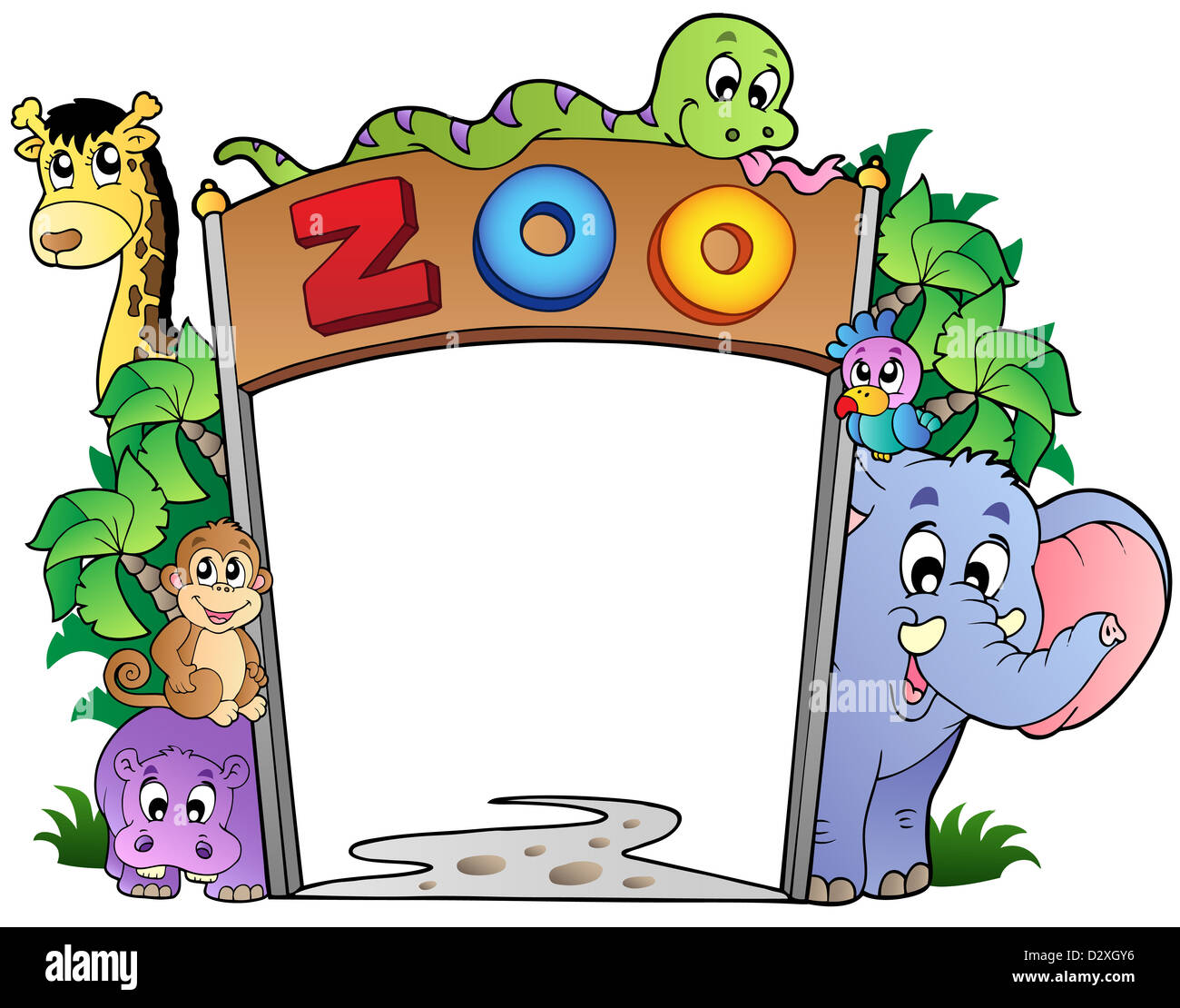 Zoo entrance with various animals - color illustration Stock Photo - Alamy, image size:1300x1110