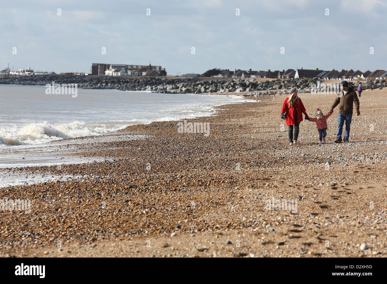 The pebbly Shoreham by Sea Beach in West Sussex with it exclusive £1million on Old Fort Road plus homes looking out to sea. Stock Photo