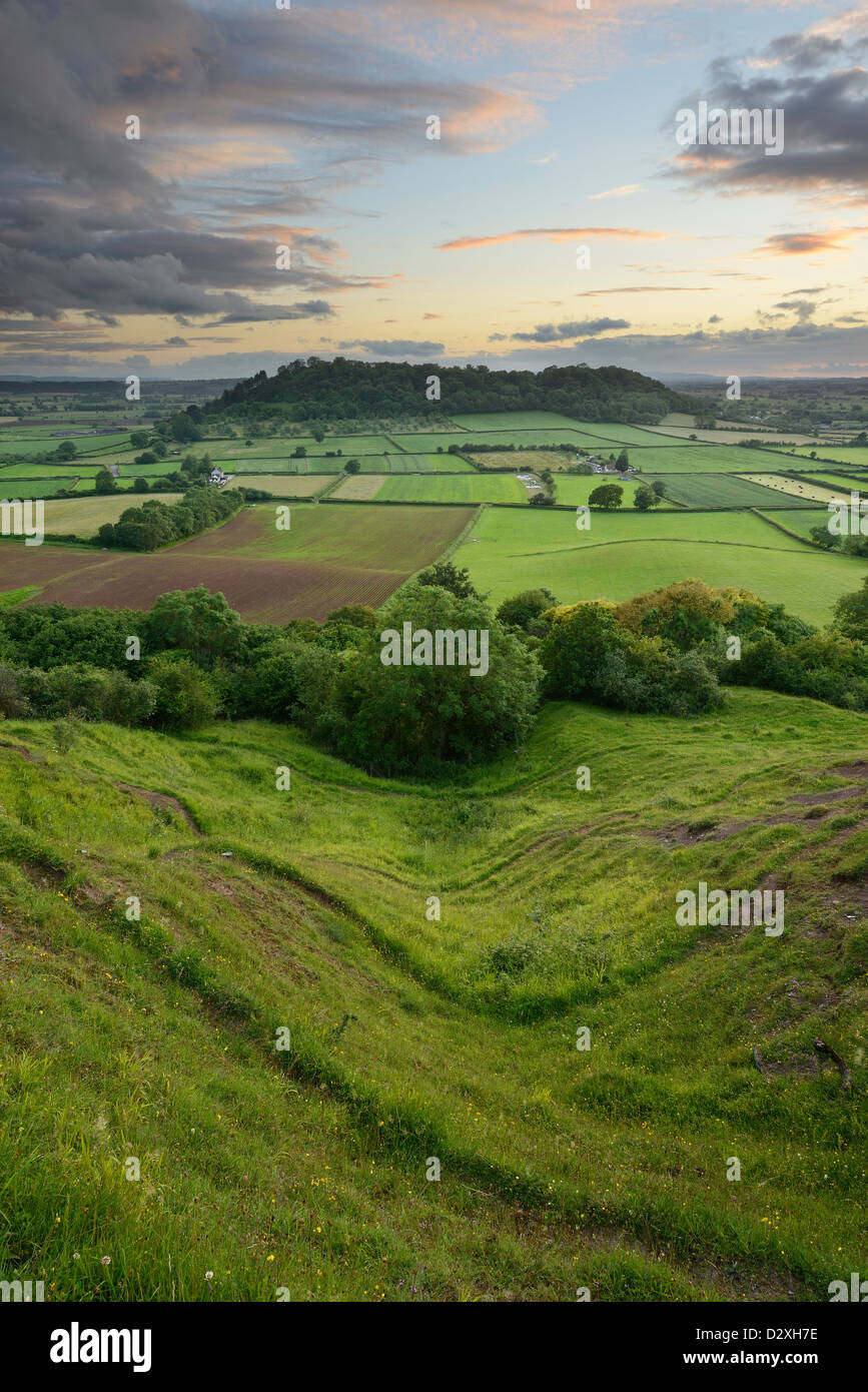 Dundon Hill in Compton Dundon, Somerset, seen from Gilling Down nature reserve. Stock Photo