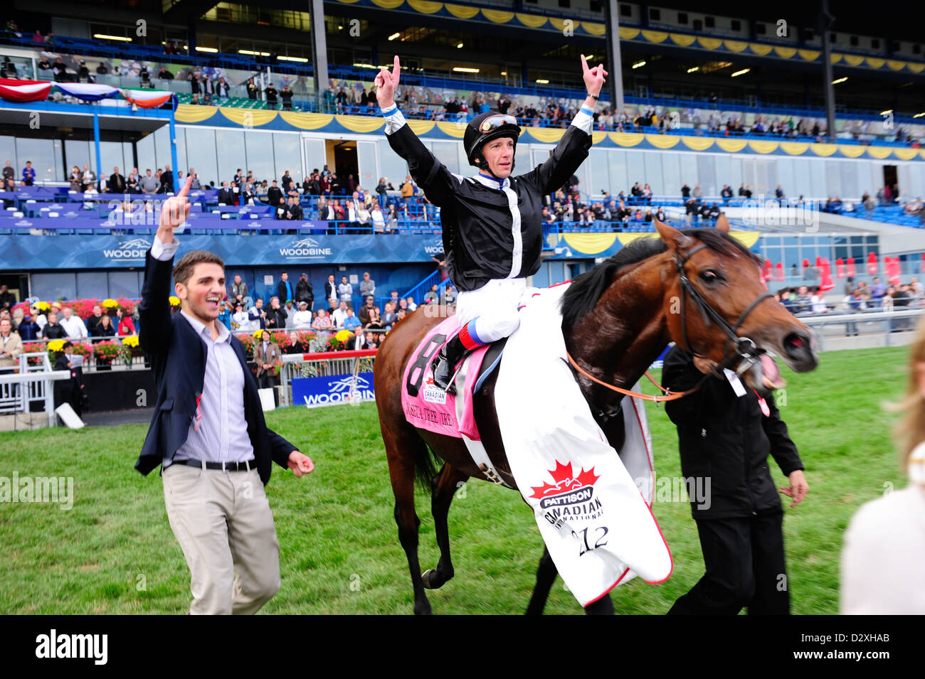 Joshua Tree (IRE)(8) with Jockey Lanfranco Dettori celebrates victory at Pattison Canadian International in Toronto, Canada on O Stock Photo