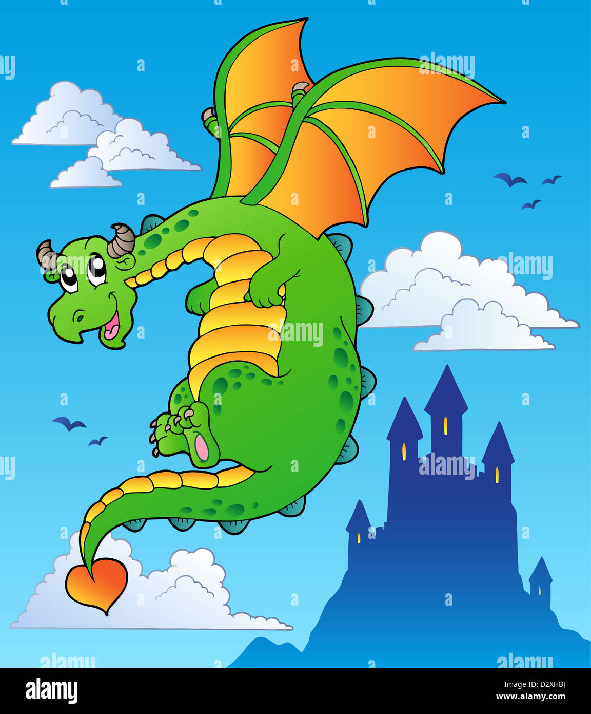 Flying fairy tale dragon near castle - color illustration Stock Photo ...