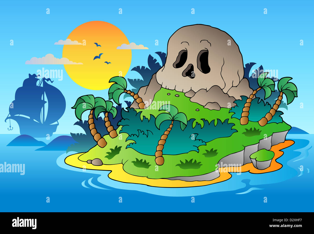 Pirate skull island with ship - color illustration. Stock Photo