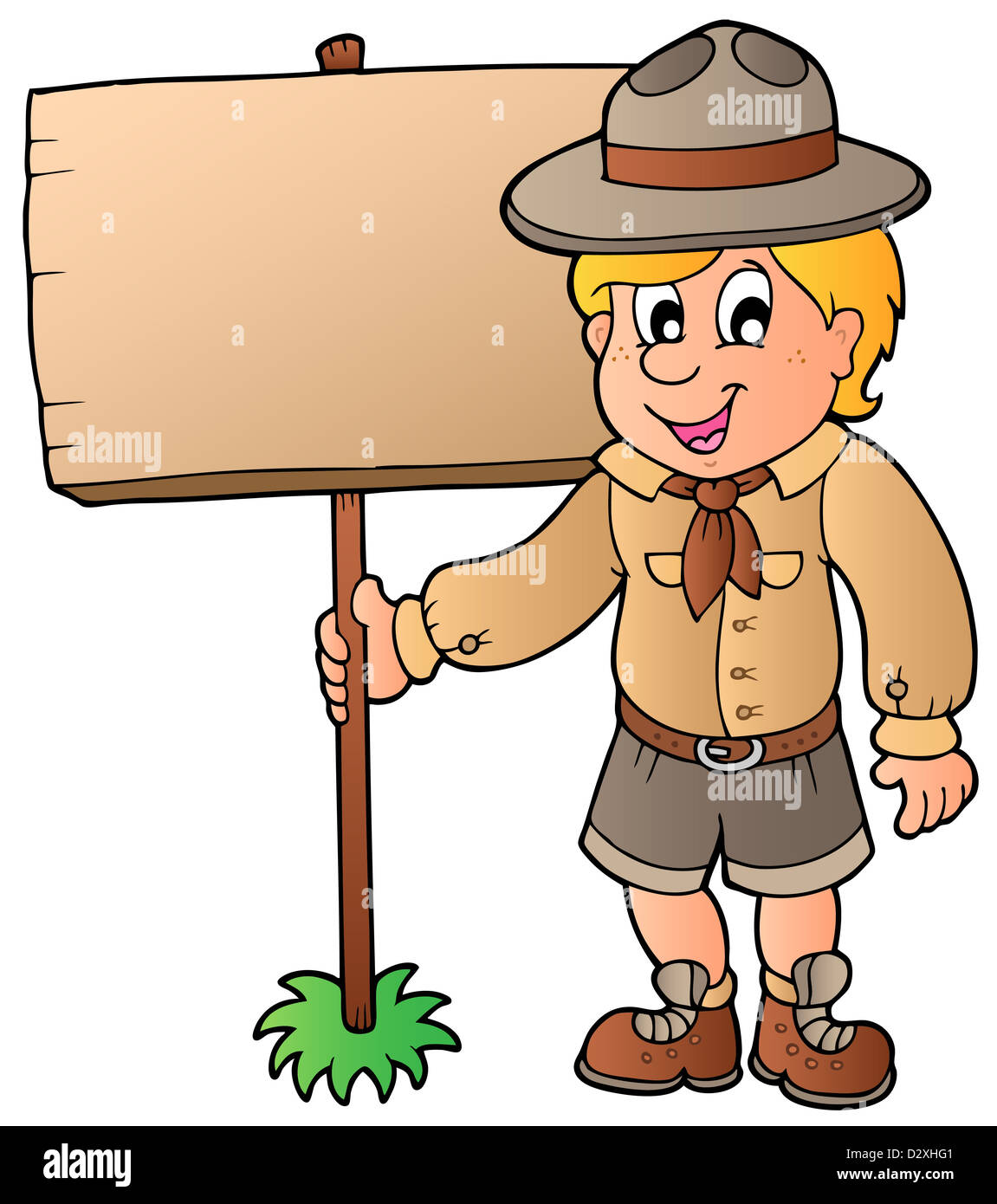 Scout boy holding wooden board - isolated illustration Stock Photo - Alamy