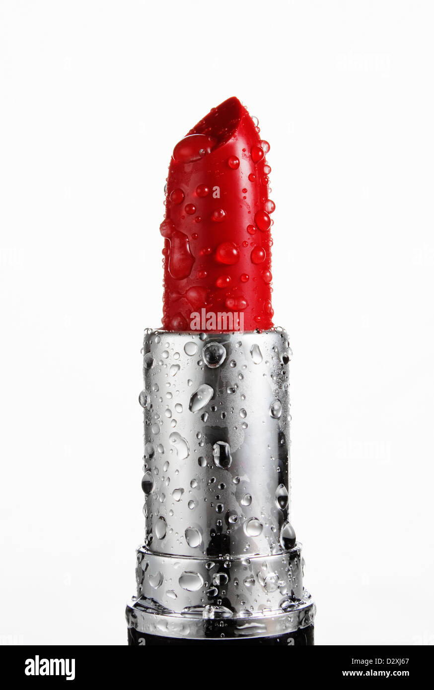 Close up of wet, red lipstick Stock Photo